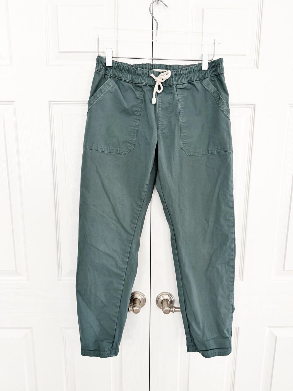 Pact Organic Cotton Pull On Twill Pant Green Utility Drawstring Tapered Gorpcore